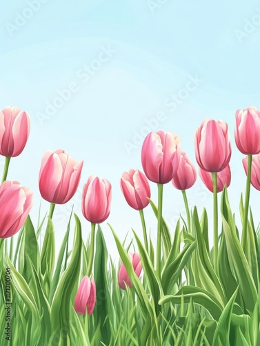 Watercolor pink tulips spring flowers in the grass background with empty space for text.