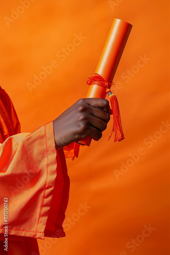 A person in an orange robe holding a diploma
