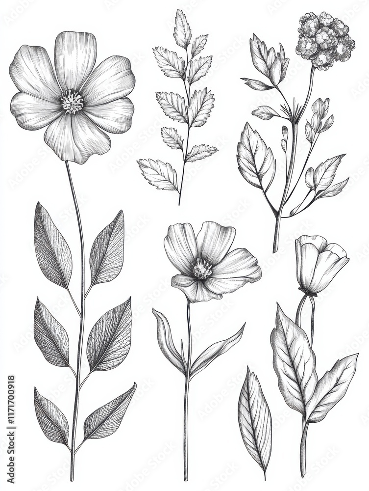 Collection of floral and botanical elements. Set of leaf, foliage wildflowers, plants, bloom, leaves and herb. Hand drawn of blossom spring season vectors for decor, website, wedding card and shop.