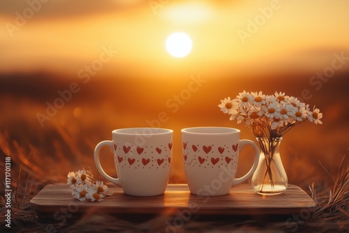 Two heart mugs with daisies and sunset in nature photo