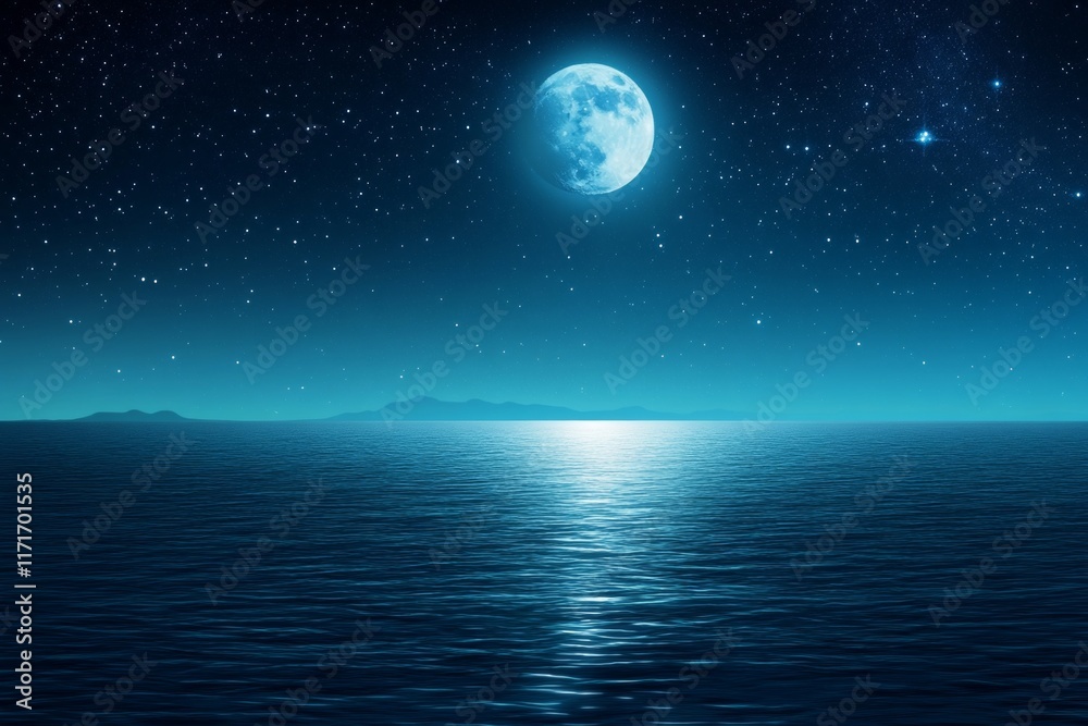 Large moon is reflected in the calm blue water of the ocean Large moon is reflected in the calm blue water of the ocean