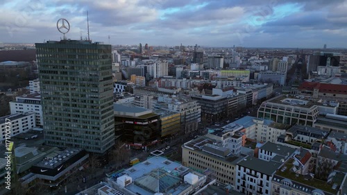 De berlin 20.2.24, kudamm evening skyline. Dramatic aerial view flight drone photo