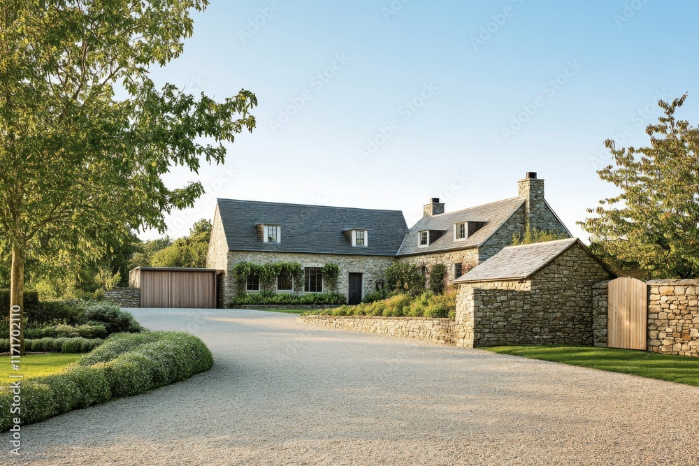 Fototapeta premium Modern stone house surrounded by lush greenery and a well-maintained driveway in a peaceful rural setting during clear weather