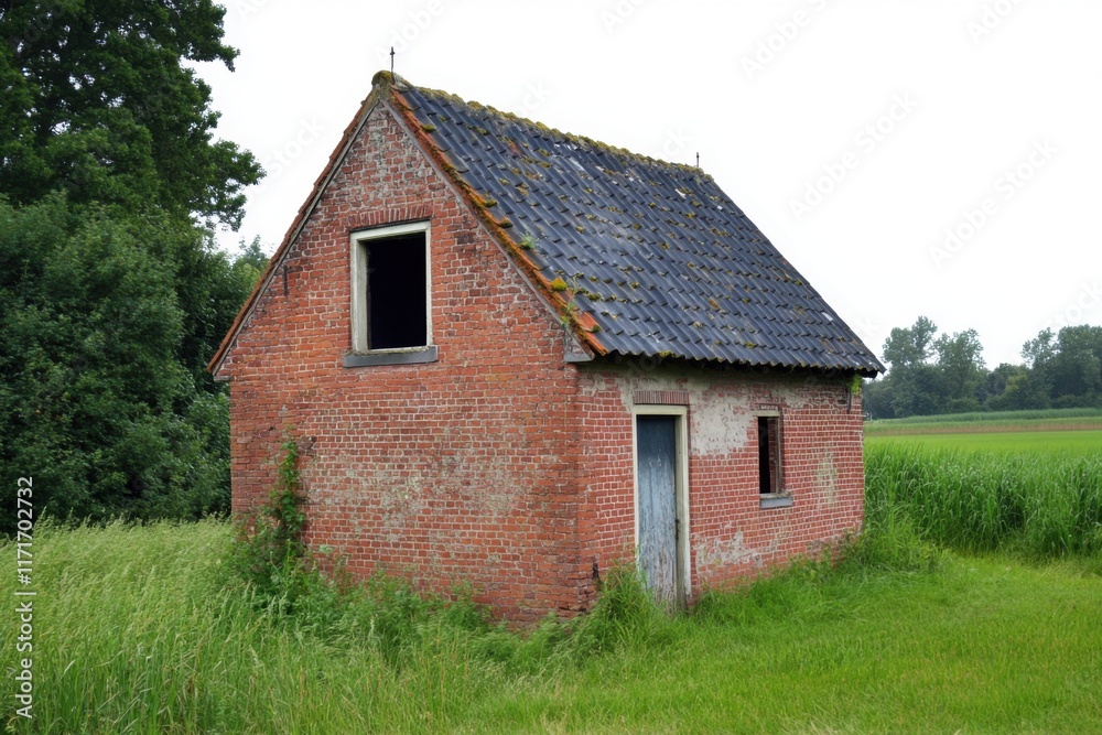 Nestled in a serene countryside, a charming brick house stands amidst vibrant green grass, all set against a backdrop of a cloudy sky Nestled in a serene countryside, a charming brick house stands amidst vibrant green grass, all set against a backdrop of a cloudy sky
