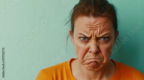 A woman displaying a frustrated expression against a plain background. photo