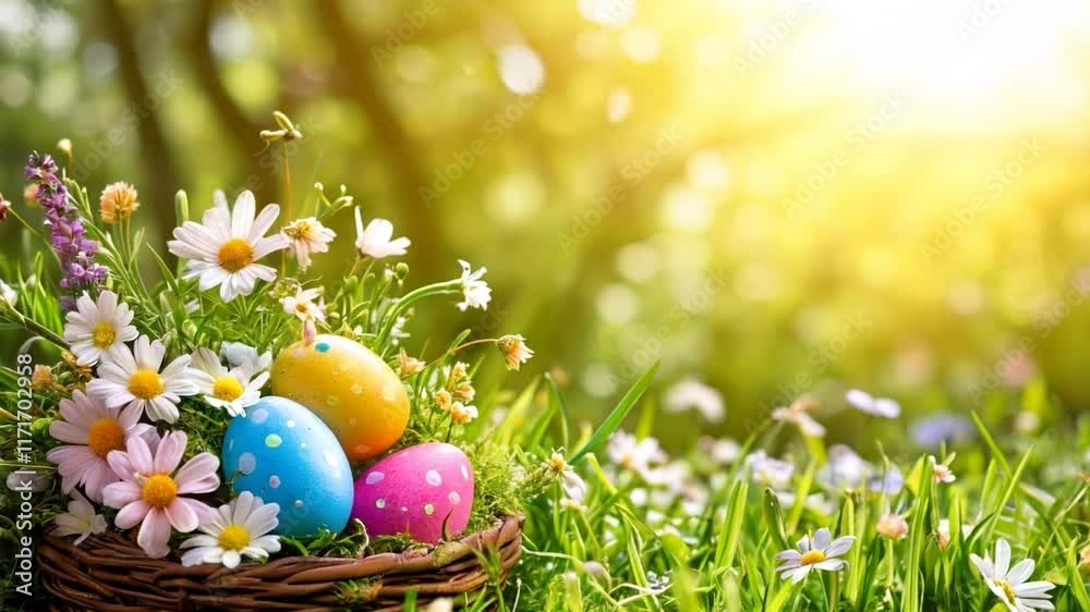 easter eggs in the grass, spring flowers and warm sunlight