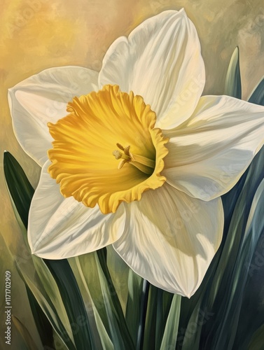 banner daffodil in white and yellwo on a spring meadow with warm light. photo