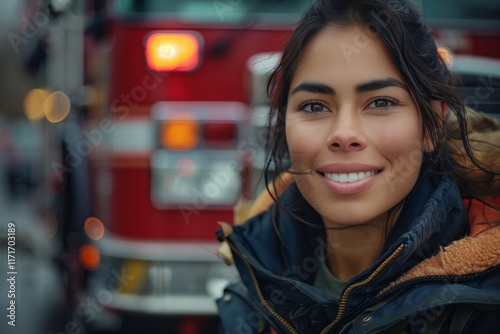 A smiling woman in outdoor gear stands confidently in front of a fire truck, showcasing resilience and community spirit. photo