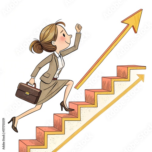 Illustration of climbing stairs. Business woman walking up the stairs to the goal. Career growth, progress, success concept. Man on the steps of the stairs. Climbing up
