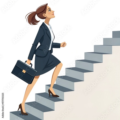 Illustration of climbing stairs. Business woman walking up the stairs to the goal. Career growth, progress, success concept. Man on the steps of the stairs. Climbing up