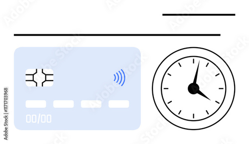 Contactless card beside clock indicating quick transactions. Ideal for finance, banking, retail tech, time saving, digital payments, security, and speed. Abstract line flat metaphor