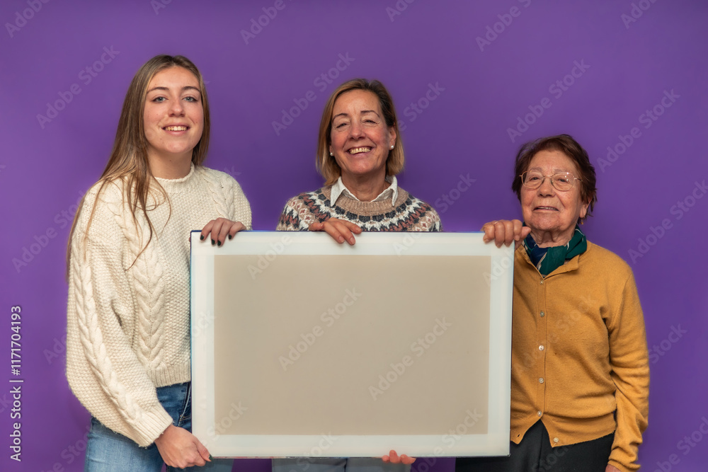 Three generations of women holding blank canvas on purple background Three generations of women holding blank canvas on purple background