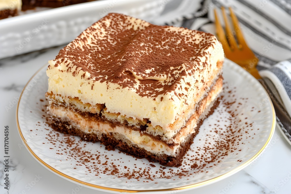 Slice of classic tiramisu dessert dusted with cocoa powder served on a white plate, closeup food photography for gourmet and sweet treat concept
Slice of classic tiramisu dessert dusted with cocoa powder served on a white plate, closeup food photography for gourmet and sweet treat concept