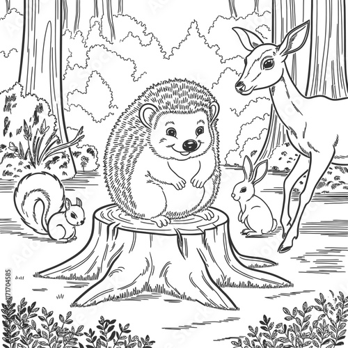 A coloring book page of a baby hedgehog in a woodland setting. The hedgehog is sitting on a tree stump. There are other forest creatures around: a squirrel, a rabbit, and a deer.