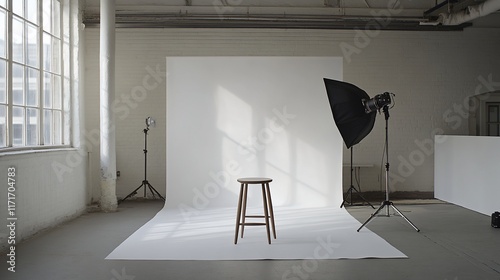 Empty photography studio with lighting equipment, backdrop, and stool.