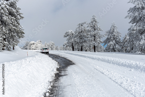 Frozen snowy icy dangerous in the mountain in winter. Troodos forest Cyprus photo
