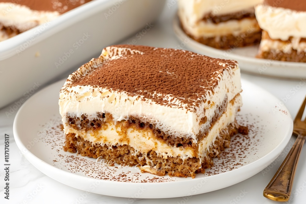 Slice of classic tiramisu dessert dusted with cocoa powder served on a white plate, closeup food photography for gourmet and sweet treat concept
Slice of classic tiramisu dessert dusted with cocoa powder served on a white plate, closeup food photography for gourmet and sweet treat concept