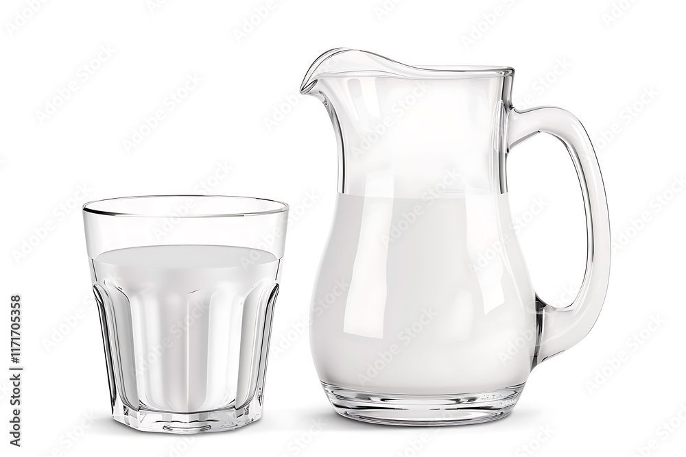 Milk jug with glass isolated on white background Milk jug with glass isolated on white background