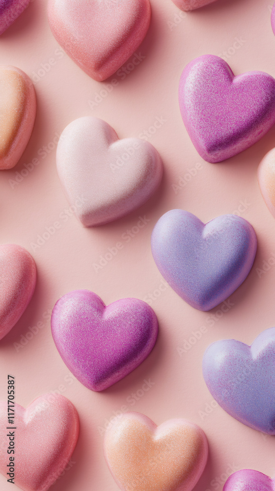 Heart-shaped objects with pastel shiny finish forming repeating pattern against pink background, symbolizing romantic holiday design Heart-shaped objects with pastel shiny finish forming repeating pattern against pink background, symbolizing romantic holiday design