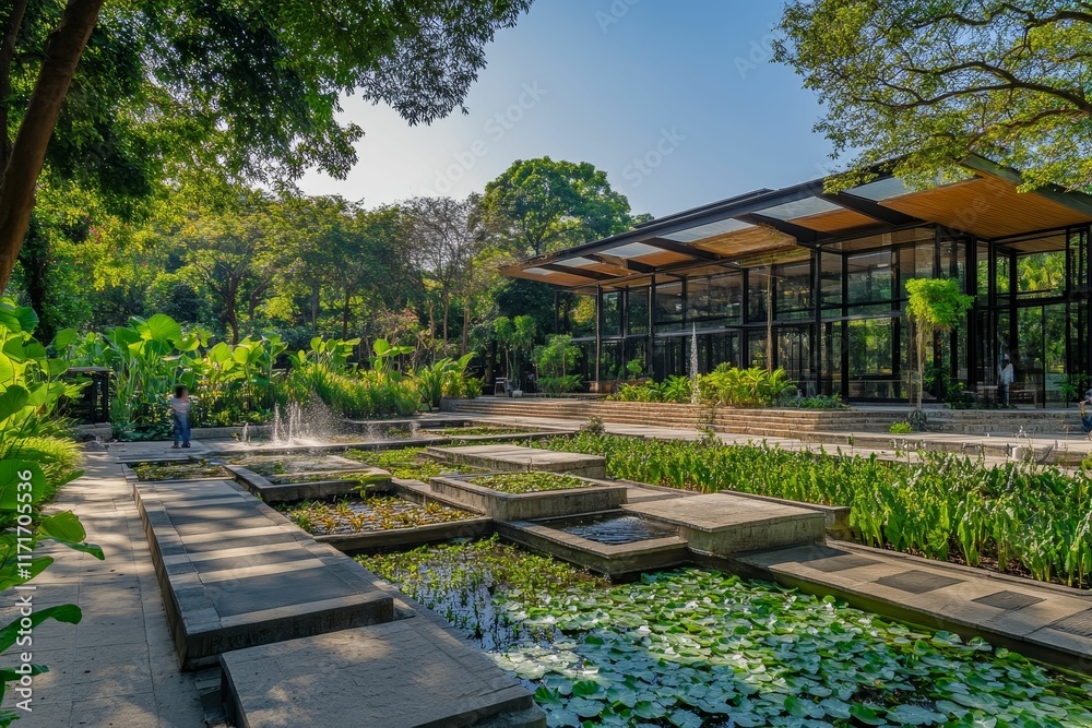 Modern pavilion, tranquil water features, lush green garden. Modern pavilion, tranquil water features, lush green garden.