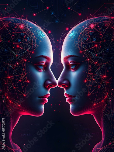 Futuristic digital art of two identical faces with cyber lights