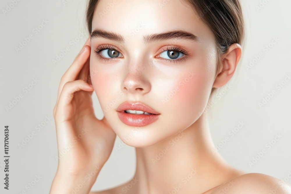 Portrait of young woman, glowing skin, natural makeup, vibrant eyes, soft lighting, floral background, ethereal beauty, delicate features, feminine, dreamy atmosphere, gentle touch, serene expression, Portrait of young woman, glowing skin, natural makeup, vibrant eyes, soft lighting, floral background, ethereal beauty, delicate features, feminine, dreamy atmosphere, gentle touch, serene expression,