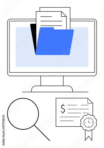 Computer monitor displaying blue folder with documents. Additional icons include magnifying glass and certified document. Ideal for organization, workflow, certification, research, efficiency, data