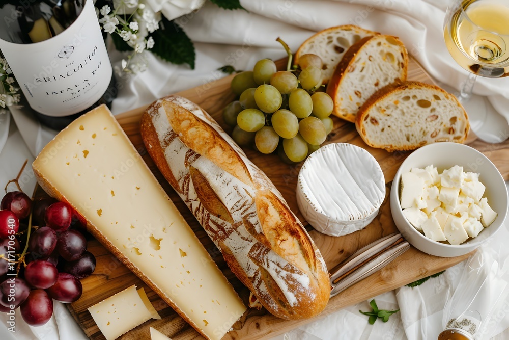 Assorted cheeses, fresh baguette, green and red grapes, and a bottle of white wine arranged on a wooden board, elegant flat lay food photography for gourmet and appetizer concept
Assorted cheeses, fresh baguette, green and red grapes, and a bottle of white wine arranged on a wooden board, elegant flat lay food photography for gourmet and appetizer concept