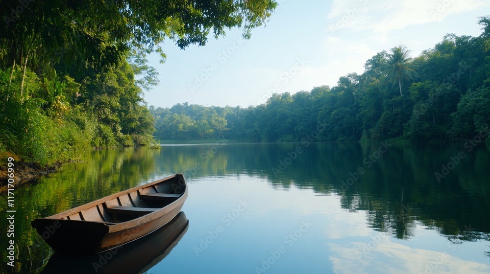 A serene boat on a calm river surrounded by lush greenery. A serene boat on a calm river surrounded by lush greenery.