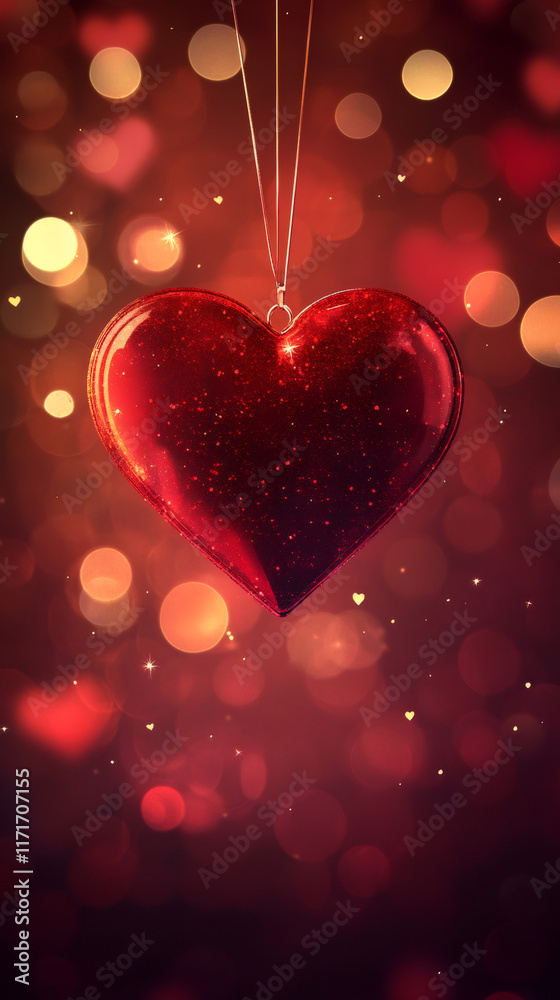 Sparkling red heart dangling from silver chain, glowing against blurred red and gold bokeh background, symbolizing romantic holiday Sparkling red heart dangling from silver chain, glowing against blurred red and gold bokeh background, symbolizing romantic holiday
