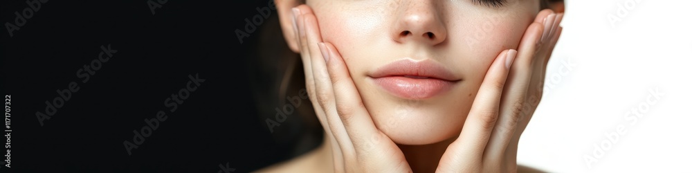 Obraz premium Beautiful woman, flawless skin, natural makeup, brown eyes, arched eyebrows, full lips, hand on cheek, soft lighting, beauty portrait, high-end fashion, cosmetics advertisement, professional photograp