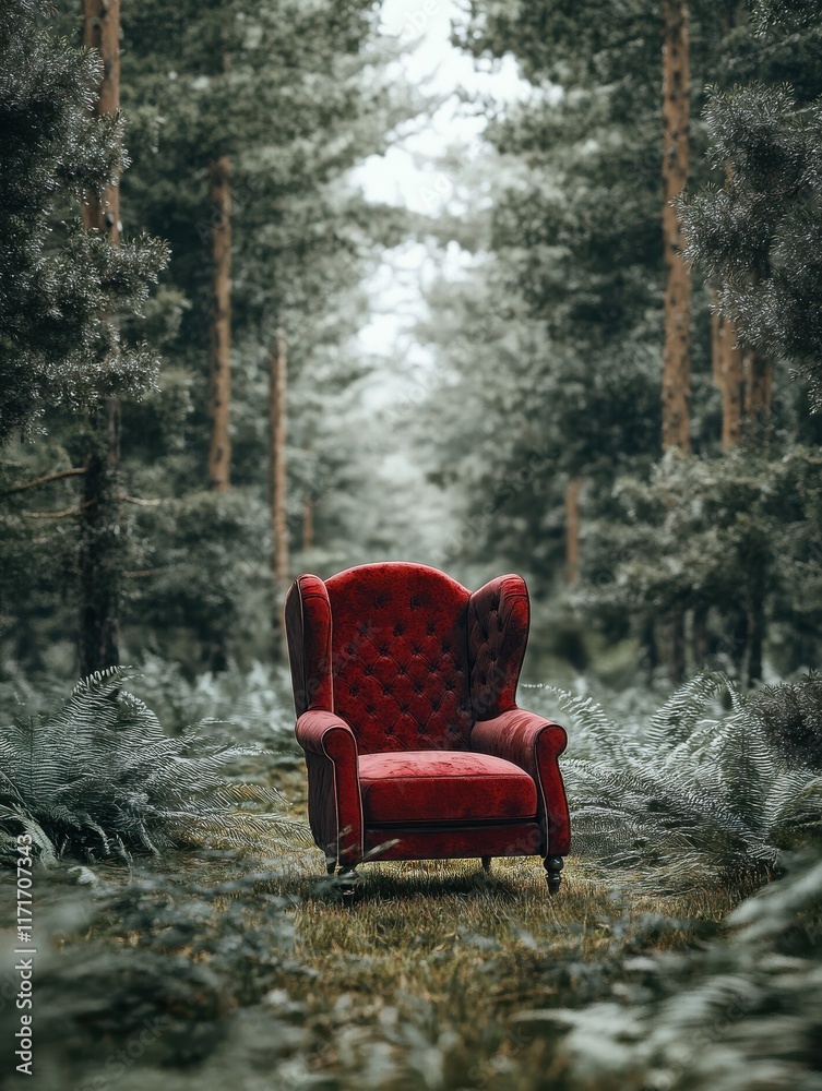 Red armchair in the middle of the forest.Generative AI Red armchair in the middle of the forest.Generative AI