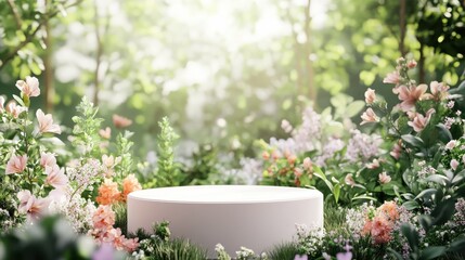 Product podium for product presentation and display with garden summer and spring flowers, floral summer background podium for cosmetic, with nature in the background. Generating AI