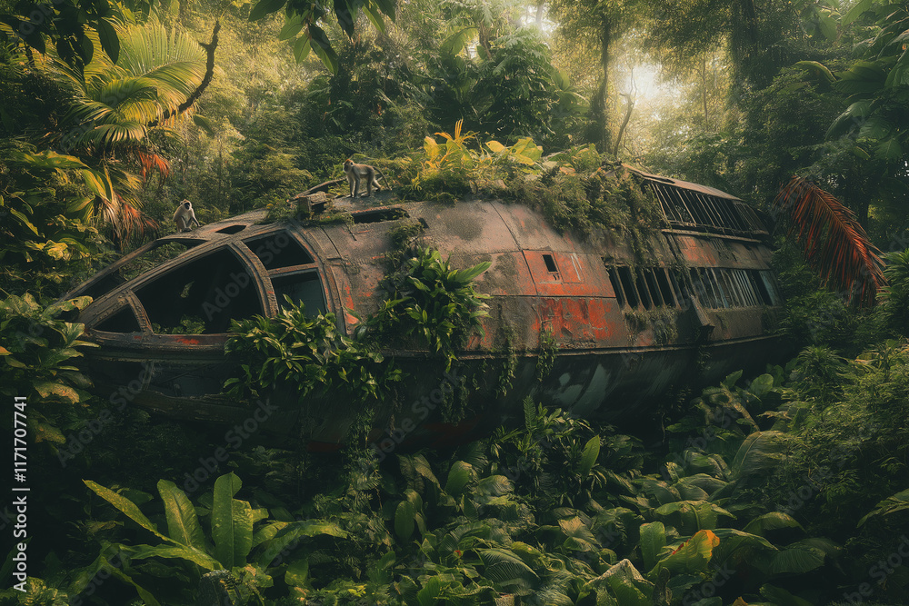 Fototapeta premium Crashed Spaceship in Jungle with Monkeys and Vegetation
