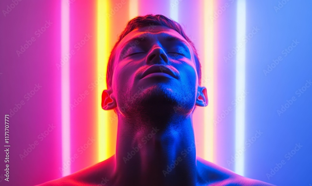 Serene man, eyes closed, vibrant multicolored lights. Serene man, eyes closed, vibrant multicolored lights.
