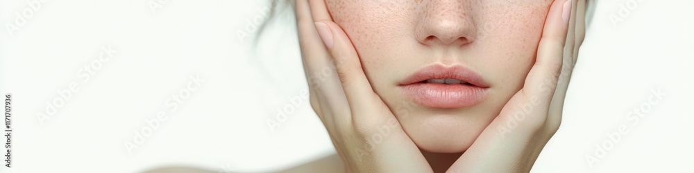 Fototapeta premium Beautiful woman, flawless skin, natural makeup, brown eyes, arched eyebrows, full lips, hand on cheek, soft lighting, beauty portrait, high-end fashion, cosmetics advertisement, professional photograp