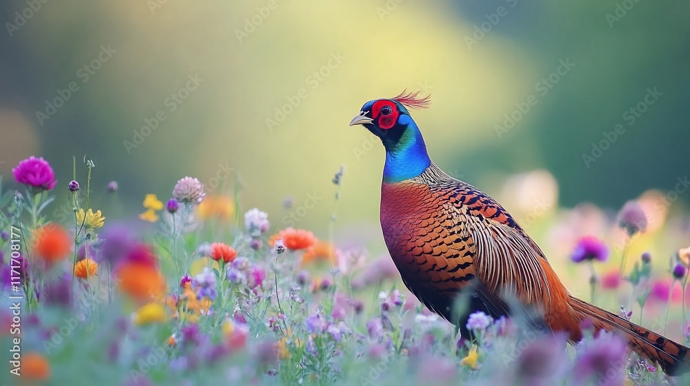 Vibrant male pheasant amidst colorful wildflowers. Vibrant male pheasant amidst colorful wildflowers.