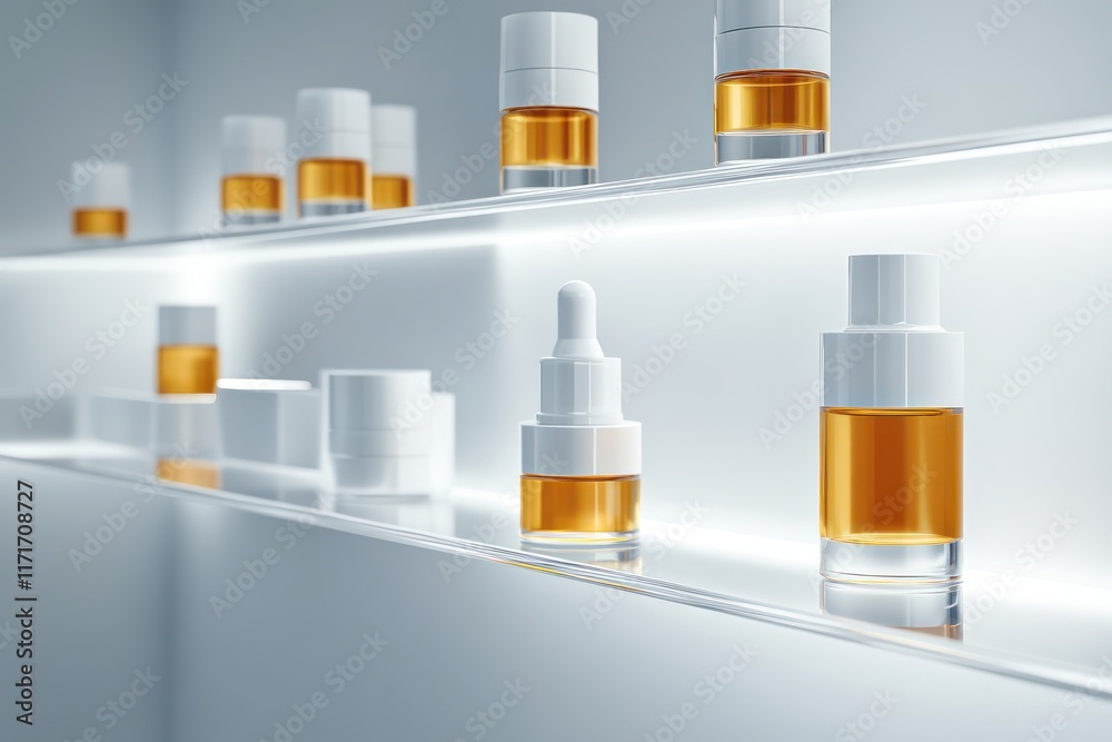 A minimalist product display of luxury skincare serums, neatly arranged on transparent shelves, with soft lighting accentuating their elegant, pure design. A minimalist product display of luxury skincare serums, neatly arranged on transparent shelves, with soft lighting accentuating their elegant, pure design.