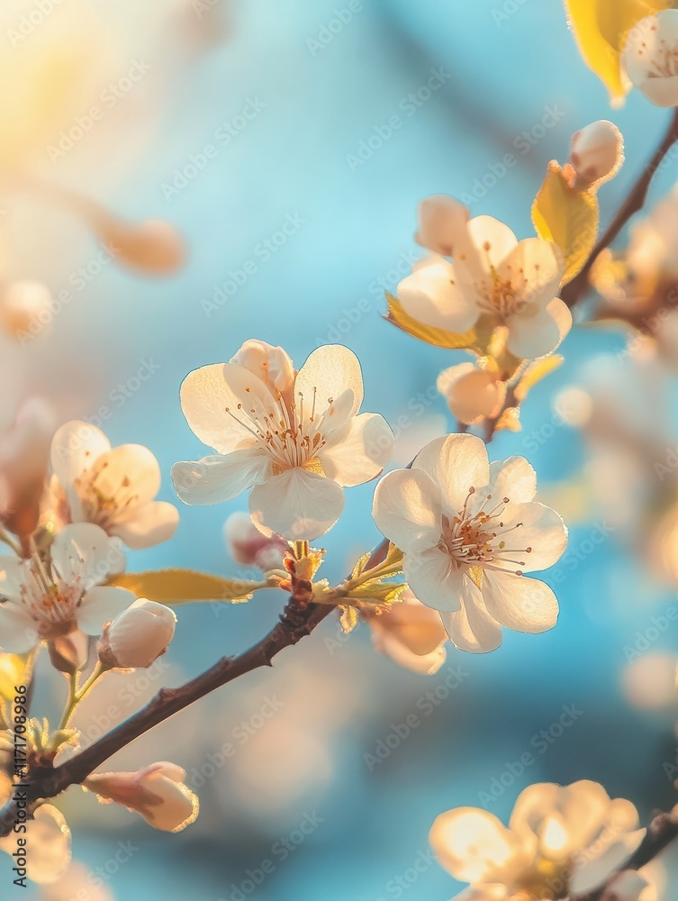 A fresh spring blue sunny sky background with blurred warm sunny glow.