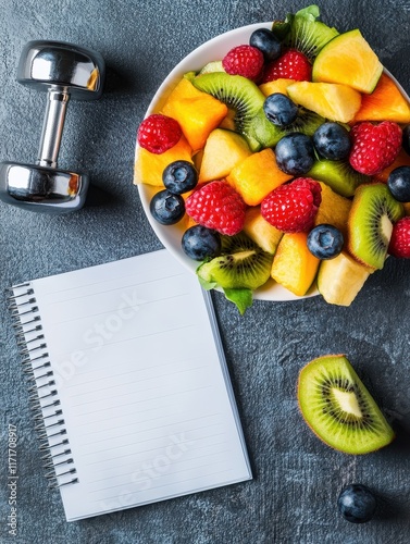 Fresh fruit salad, dumbbells for using in fitness and notepad for writing notes or resolutions, concept of diet, slimming, healthy lifestyles and nutrition
