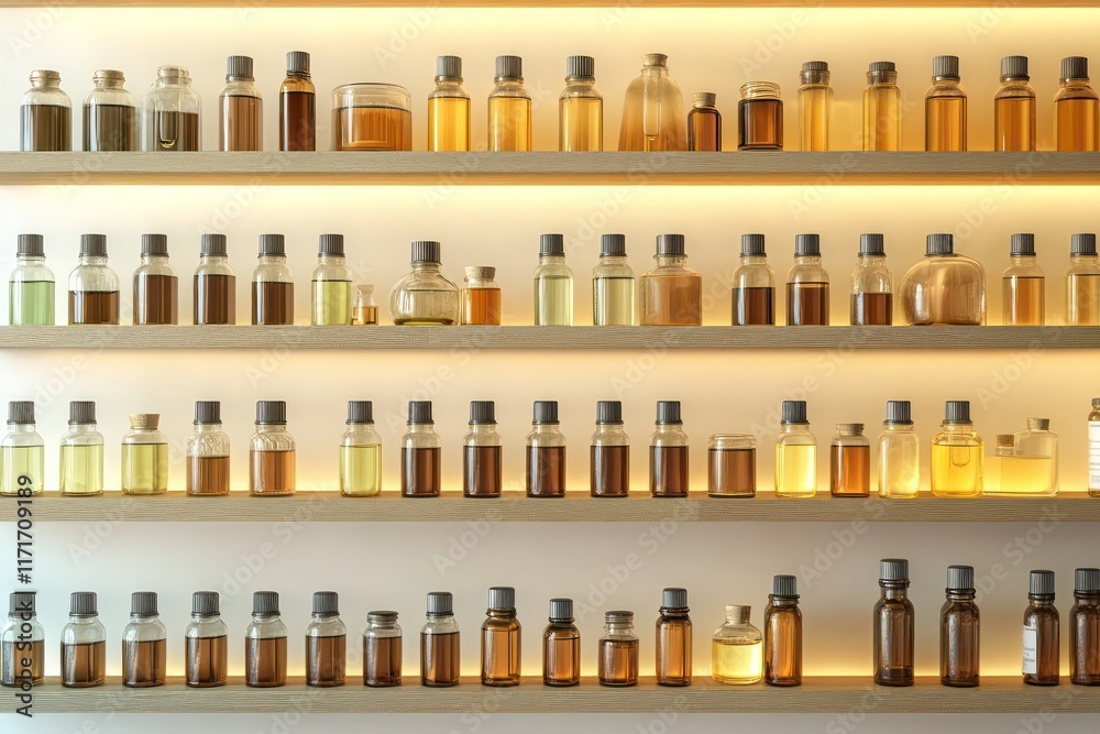 A modern display of luxury essential oils, neatly arranged in glass bottles on minimalist shelves, with soft lighting accentuating the clean, sophisticated design. A modern display of luxury essential oils, neatly arranged in glass bottles on minimalist shelves, with soft lighting accentuating the clean, sophisticated design.
