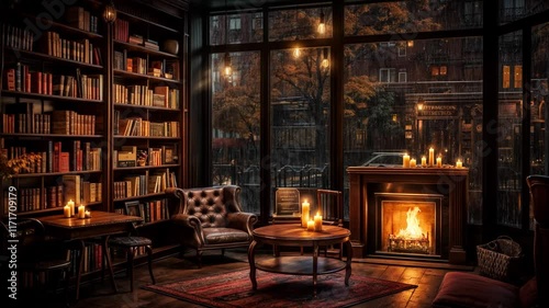 Cafe library with fireplace in the rain