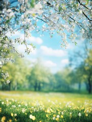 Beautiful blurred spring background nature with blooming glade, trees and blue sky on a sunny day. generative ai.
