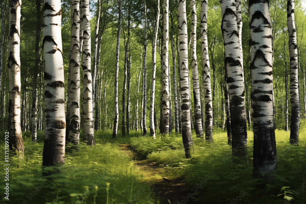 Obraz premium Serene forest features tall birch trees with white bark and green leaves. Narrow path winds through undergrowth, inviting exploration in peaceful setting.