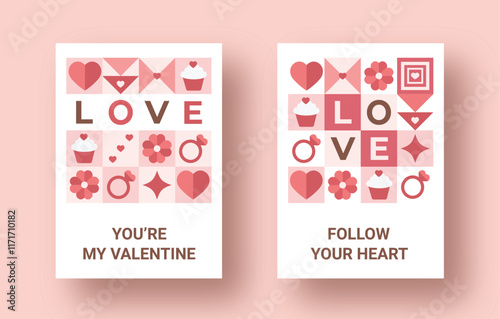 Two Valentine's Day cards with a grid of geometric icons (hearts, flowers, rings, cupcakes). One says, "YOU'RE MY VALENTINE," and the other says, "FOLLOW YOUR HEART, "in pink and red tones.