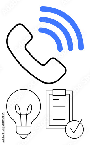 Black phone receiver emitting blue signal waves, lightbulb representing ideas, checklist with a checkmark. Ideal for communication, brainstorming, organization, planning, productivity, digital tools