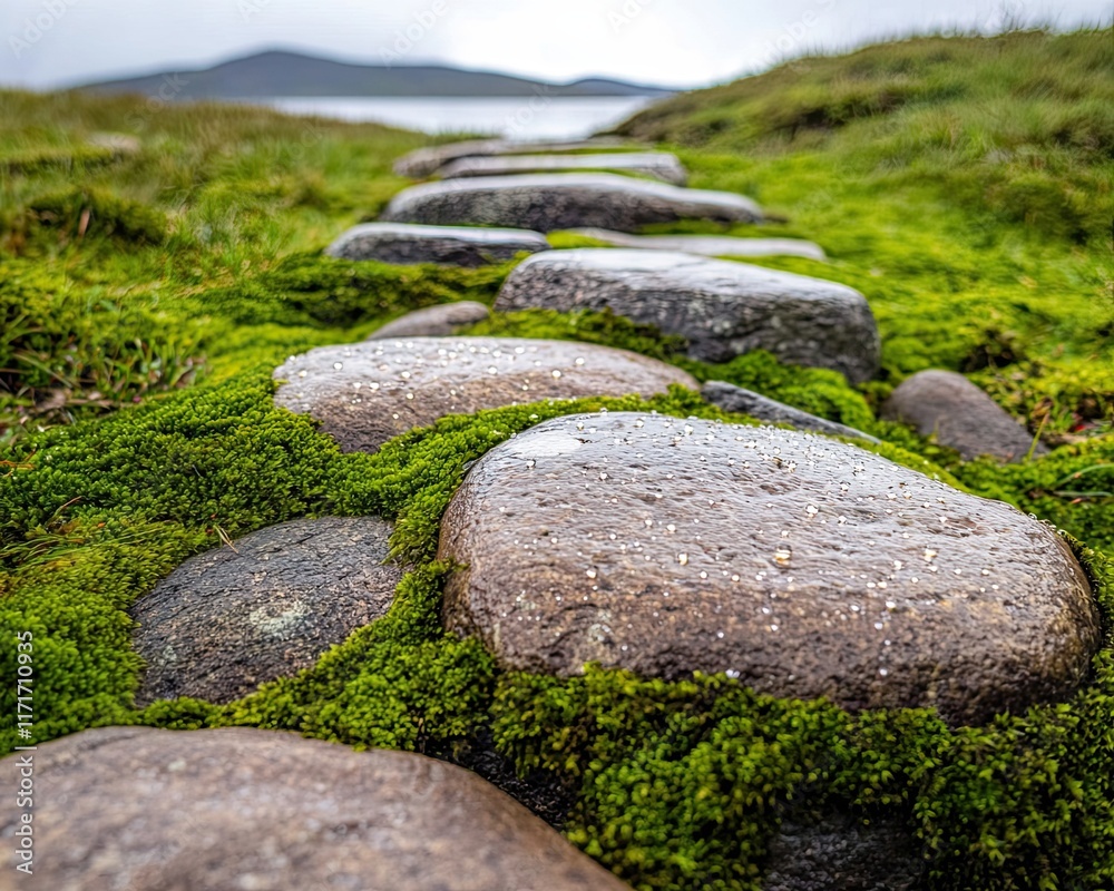 Serene Fjord Coastlines Capturing Nature's Raw Beauty, a macro photography close-up of moss-covered rocks on a fjord shore, with tiny dew droplets glistening in the light Serene Fjord Coastlines Capturing Nature's Raw Beauty, a macro photography close-up of moss-covered rocks on a fjord shore, with tiny dew droplets glistening in the light