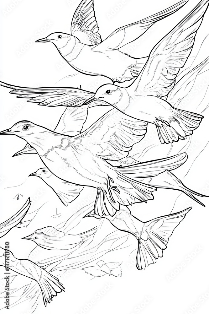 A dynamic illustration of several flying birds in a graceful formation against a blank background. A dynamic illustration of several flying birds in a graceful formation against a blank background.