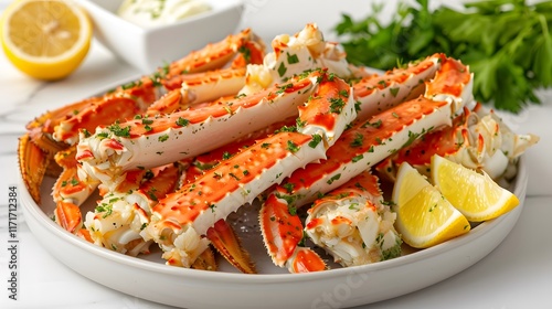 Plate of cooked crab legs garnished with parsley and lemon wedges served with a side of butter sauce on a white marble table. Top view. Food photography for design and print

