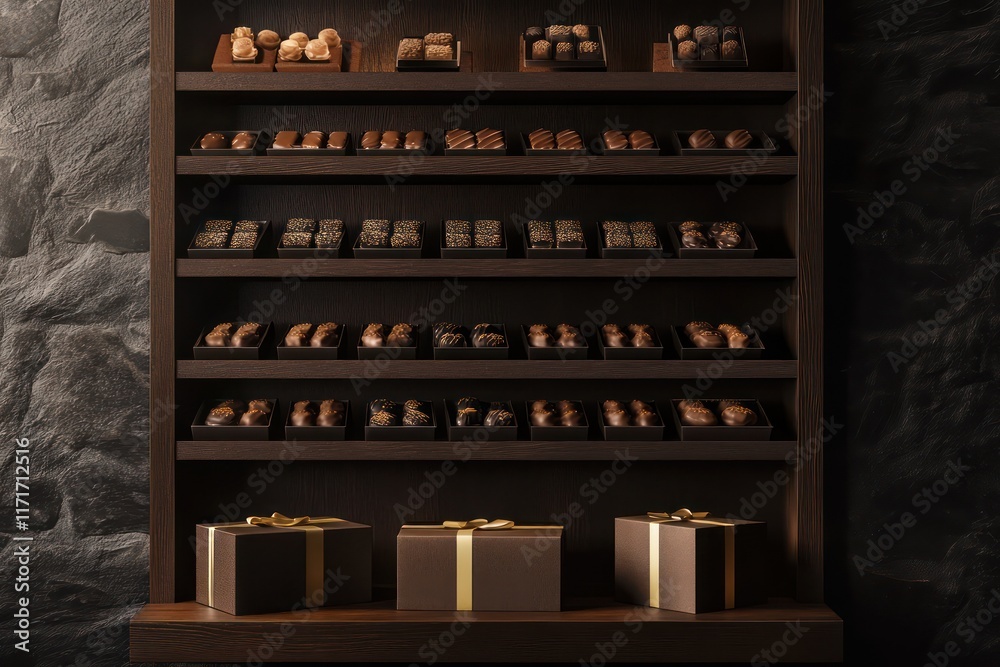 A sleek display of premium gourmet chocolates, arranged in elegant gift boxes on polished wooden shelves with ambient lighting to highlight the smooth, dark textures. A sleek display of premium gourmet chocolates, arranged in elegant gift boxes on polished wooden shelves with ambient lighting to highlight the smooth, dark textures.